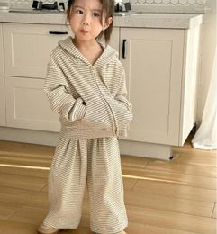 Clothing Sets 2024 Girls 2 Pcs Set Striped Hooded Coat Long Pants Spring Cotton Fashion High Quality Kids Suits 2-8 Year PP796