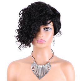 Curly Short Pixie Cut Fully Machine-made Human Hair Wig With Side Parted 100% Remy None lace Wig Brazilian Hair