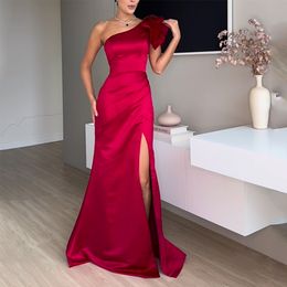 One Shoulder Evening Dress Long A Line Burgundy Satin Formal Party Prom Gown with Slit