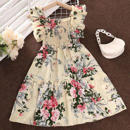 Summer Girls Long Skirt Polyester Square Collar Suspender Sleeveless Lace Play Smocking Aline Print Dress Pleated Comfortable 240423