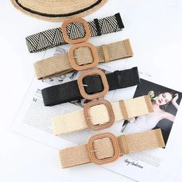 Belts Square Buckle Straw Weave Belt Trendy Elastic Waist Summer Bohemian Wide Korean Style Waistbands Party