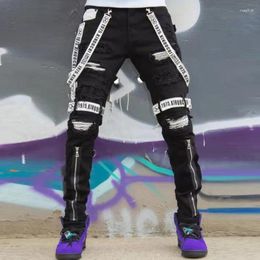 Men's Jeans Black Webbing Cargo Men Hip Hop Punk Goth Techwear Fashion Mens Ripped Denim Trousers Nightclub Style Skinny Jean Man Pant