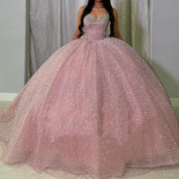 Pink Shiny Off The Shoulder Quinceanera Dresses Beads Crystal Ball Tull Gown Birthday Party Vestido De 15 Anos Sweet 16