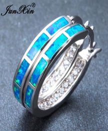 whole JUNXIN Female Round Hoop Earrings Blue Opal Earrings 925 Sterling Silver Filled For Women Fashion Jewelry9439412