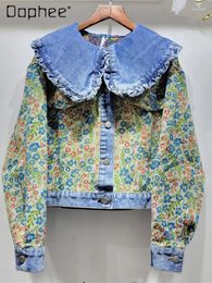 Women's Jackets Denim Jacket Women Spring Autumn Cute Doll Collar Long Sleeve Single-Brewed Top Vintage Embroidered Short Coat For