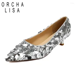 Dress Shoes ORCHA LISA Design Female Sheepskin Pumps Pointed Toe Small Heel 4cm Slip On Sequin Big Size 42 43 Fashion Soft Daily