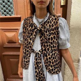 Women's Vests Leopard Print Waistcoat Bowknot Front Sleeveless V-Neck Loose Fit Jacket Cardigan Casual Spring Fall Coat Y2K 80s
