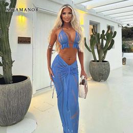 Work Dresses ANJAMANOR Sexy Hollow Knit 2 Piece Set Open Back Halter Top Drawstring Long Skirt Vacation Summer Outfits For Woman 2024