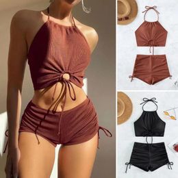 Womens Swimwear Solid Colour Halter Split Swimsuit Flat Angle Sports Beach Bikini Set