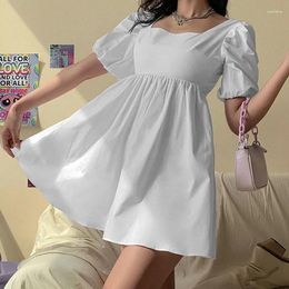 Casual Dresses Loose Puff Sleeve Princess Women Dress Summer Sexy Lace-up Backless White Fashion High Waist 28114