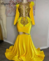 Party Dresses Gold Crystal Beading Feathers Long Sleeve Prom For Black Girls Birthday Dress Luxury 2024 Mermaid Gala Elegant