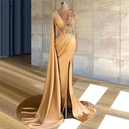 Long Crystals Champagne Sleeves Arabic Evening Beaded Dubai Sexy Split Party Gowns Customized Prom Dresses Sweep Train