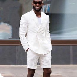 Men's Suits Double Breasted Linen Summer Men With Short Pants 2 Piece White Blazer Casual Fashion Style Wedding Groom Tuxedos