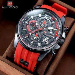 MINI FOCUS Red Watch for Men Fashion Luxury Chronograph Quartz Wristwatch with Silicone Band Luminous Hands Date Waterproof 0350 240425