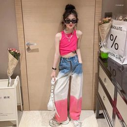 Clothing Sets JUCPKID Korean Summer School Girl Tracksuit Children O-neck Vest Contrast Straight Pants Jeans Set From 4-12 Years Old