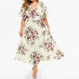 Sexy Women Summer Printed Short Sleeve Happy Holiday Dress Ladies Elegant fashion VNeck Sundress Plus Size Clothing 2024 240419