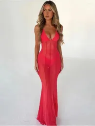 Casual Dresses 2024 Women Halter Neck Backless See-through Long Dress Streetwear Red Black Bodycon Maxi Party Club