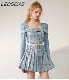 Two Piece Sets Womens Outifits Girl's Sequin Denim Set Spring 2024 Square Collar Short Top Pleated Skirt Womens Two-Piece Suit 240419