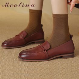 Casual Shoes Meotina Women Genuine Leather Loafers Round Toe Flats Sheepskin Concise Ladies Fashion Spring Autumn Black Brown 40