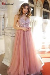 Party Dresses Elegant Blush Beads Handmade Side Slit Prom Dress For Women 2024 Long V Neck Aline Tulle Plus Size Evening Wedding Gown