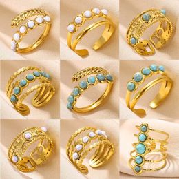 Band Rings Bohemian Blue Natural Stone Ring Mens Gold Stainless Steel Ring Hollow Adjustable Opening Ring Jewellery Gift Q240427