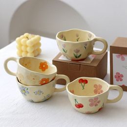 Ceramic Mugs Coffee Cups Hand Pinched Irregular Flower Milk Tea Cup Ins Korean Style Oatmeal Breakfast Mug Drinkware y240424