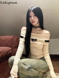 Women's Sweaters Sweet Sweater Clothing Korean Jumper Slash Neck Long Sleeve Tunic Pull Femme Fashion Sexy Knitted Cropped Pullovers Tops