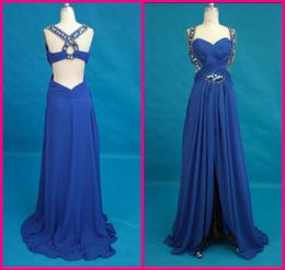 Royal Blue Sexy Essence Prom Dress Halter Beaded Crystal Ruched Chiffon Homecoming Party Evening Dress Custom Made Long Proms Gown4526378