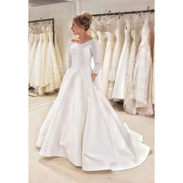 A-line einfache Satin-Hochzeit neue Kleider 2020 3/4 Ärmel Country Western Women Elegant Vintage bescheidene Brautkleider mit Taschen CG001