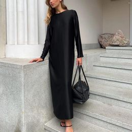 Casual Dresses Autumn Winter Satin Straight Women Maxi Dress Fashion O-Neck Long Sleeve Elegant Classic Solid Female