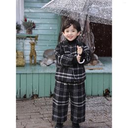 Clothing Sets Winter Kids Childents Thick Warm Woolen Coat Plus Velvet Stripe Jacket Loose Pants 2Pcs Baby Boys Casual Gentleman Suit