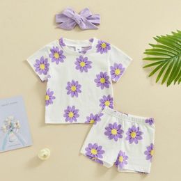 Clothing Sets Toddler Baby Girl 3pcs Clothes Outfits Summer Floral Print Shirt Shorts Headband Set