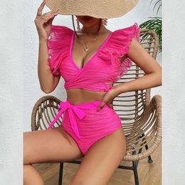 Women's Swimwear 2024 Sexy High Waist Ruffled Bikini Set Flounce Women Swimsuit Solid Strappy Beachwear V-neck Bathing Suit Biquini