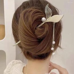 Hair Clips Cute Fish Tail Shape Stick Accessories Elegant Pearls Rhinestone Inlaid Long Tassel Hairpin Jewellery Gift Party Trinket