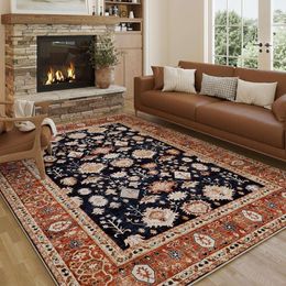 8x10 Washable Brown Area Rug for Bedroom Living Room Non Slip Soft Low Pile Vintage Distressed Printed Stain Resistant Indoor Large Throw Rug Carpet for Kitchen Dinin