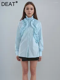 Women's Blouses Fashion Shirt Stand Collar Single Breasted Loose Spliced Folds Edge Thin Solid Colour Blouse Summer 2024 CPDB127