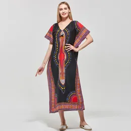 Party Dresses Sexy V-neck Women Dress Elegant Sashes Summer Dashiki Print Cotton Ladies Vestidos