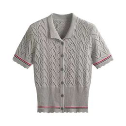 Kort ihålig cardigan kvinnor sommaris silk kortärmad twist tröja topp tunna smala polo krage ytterkläder