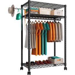 Ultra Wide Heavy Duty Steel Wire Clothes Rack with 5 Hook Rods, 7 Shelves, and 2 Side Hooks - Multifunctional Bedroom Organizer, 86 Inches Wide