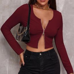 Women's T Shirts Sexy With Zipper Bare Midriff Slim Shirt Women Long Sleeves Bottoming Ladies Tee Tops Camisetas Mujer