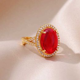 Wedding Rings Oval Red Zircon Cross Rings For Women Gold Colour Layered Adjustable Stainless Steel Open Ring Wedding Party Jewellery Gift BFF