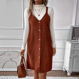 Casual Dresses Autumn Winter Corduroy Suspender Women Fashion V Neck Sleeveless Mid-Length Pocket Button Simple Solid Color Strap Dress