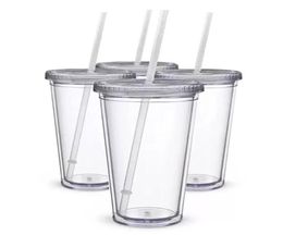 16oz Plastic Tumblers Double Wall Acrylic Clear Drinking Juice Cup With Lid And Straw Coffee Mug DIY Transparent Mugs FY53918680986