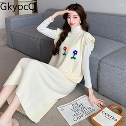 Casual Dresses GkyocQ Korean Fashion Knitted Vest Dress Sweet Crochet Flower Ruched Edge Sleeveless Loose Straight Knitting Long Outfit