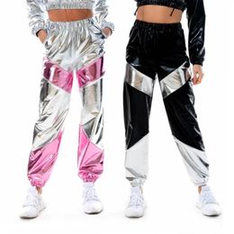 Women Reflective Long Pants with Pockets High Waist Loose Holographic Patchwork Trousers Club Dance Jogger Pants Clubwear 240424