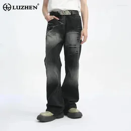 Men's Jeans LUZHEN 2024 Summer American Style Crack Men Printing Trend Loose Straight Denim Pants Zipper Washed Design Casual 5728