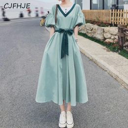 Party Dresses CJFHJE Summer Sweet Chic High Waist Bow Lace Up Contrast Color Patchwork Beach Midi Dress Women Casual Short Sleeve