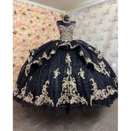 Dresses With Glitter Sequined Quinceanera Gold Lace Appliques Beaded Lace-Up Corset Charro Princess Prom Party Gowns Vestidos De 15 Anos -Up