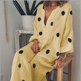 Casual Dresses Women Elegant Autumn Loose Dot Print Bohemian Dress Fashion Long Sleeve V Neck