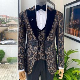 Men's Suits Black Floral For Men Wedding Party With Mandarin Button Slim Fit 3 Piece Formal Jacket Double Breasted Vest Pants